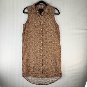 Tahari Sleeveless Button Up Collared Tunic Dress Size Small White Brown Print